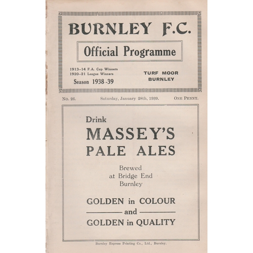 411 - Programme Burnley v Norwich City January 28th 1939. Ex Bound Volume. No writing. Generally good