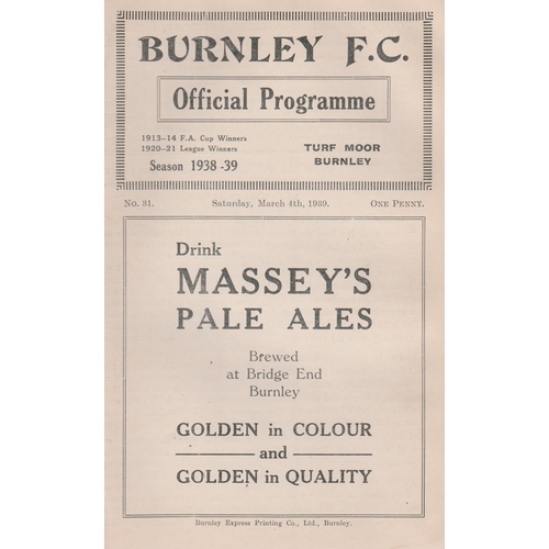 413 - A collection of 5 Pre-War Burnley home Reserves programmes all from the 1938/39 season v Aston Villa... 