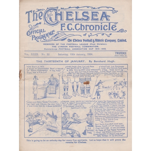 449 - Programme Chelsea v West Bromwich Albion FA Cup 3rd Round 13th January 1934. NOT Ex bound Volume. Li... 