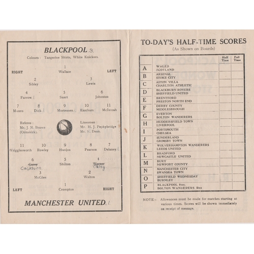 65 - Programme Blackpool v Manchester United 19th October 1946. 4 Page. Score, scorers and team changes v... 