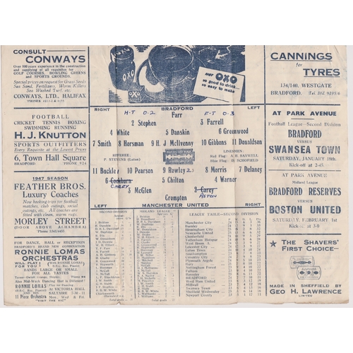 69 - Programme Bradford Park Avenue v Manchester United FA Cup 3rd Round 11th January 1947. Gatefold prog... 