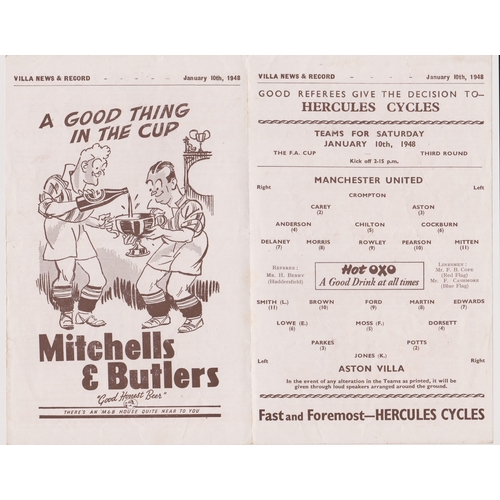 71 - Programme Aston Villa v Manchester United 10th January 1948. No writing. Generally good