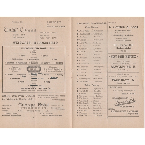 73 - Programme Huddersfield Town v Manchester United 27th March 1948. Score, scorers and team changes. Ge... 