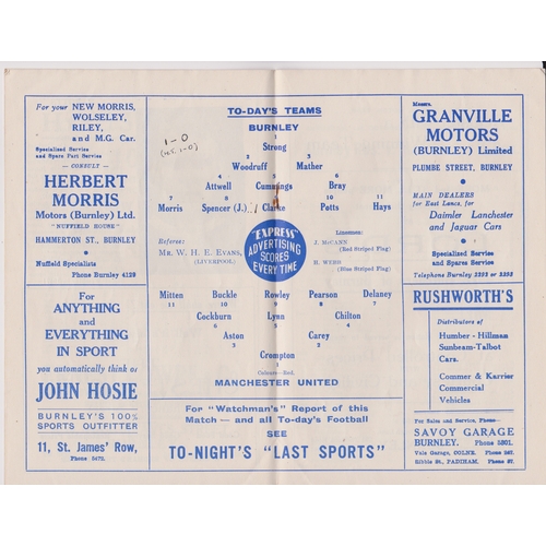 154 - Programme Burnley v Manchester United 24th September 1949. Score and half time neatly inserted other... 