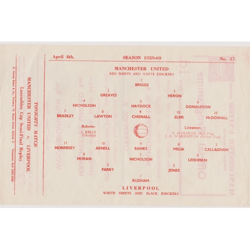 185 - Single sheet programme Manchester United v Liverpool Lancashire Senior Cup Semi Final Replay 4th Apr... 