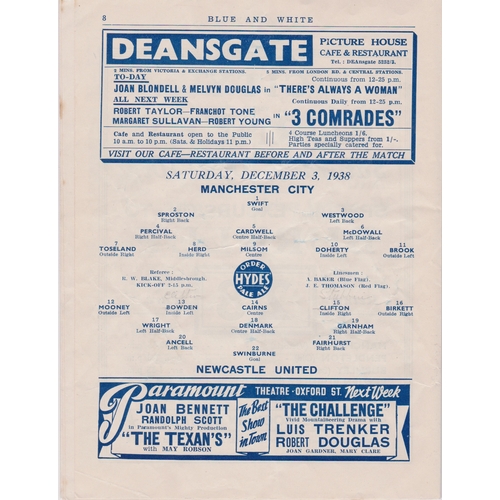 106 - Programme Manchester City v Newcastle United December 3rd 1938. Pencilled team changes for Mancheste... 