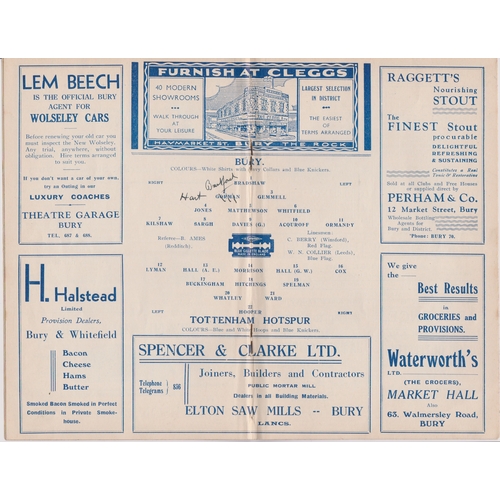 107 - Programme Bury v Tottenham Hotspur 17th December 1938. Team changes otherwise generally good.