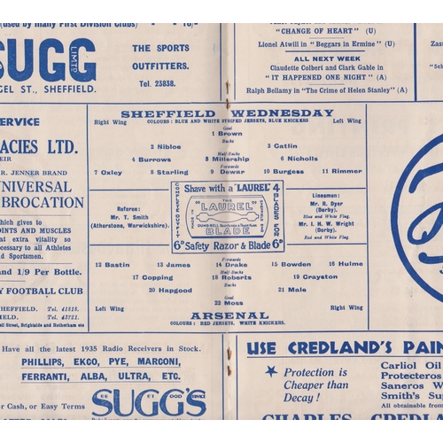 114 - Programme Sheffield Wednesday v Arsenal 22nd September 1934.No writing. Not ex Bound Volume. Good