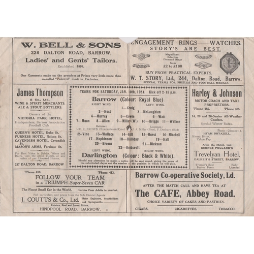 115 - Programme Barrow v Darlington 10th January 1931. Piece missing at top left hand corner with very min... 