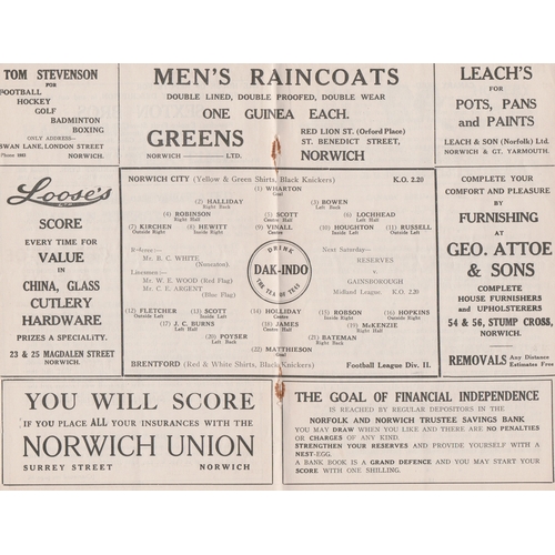 119 - Programme Norwich City v Brentford 29th December 1934. Lacks staples. No writing. Generally good