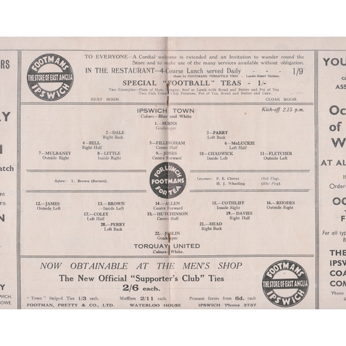 123 - Programme Ipswich Town v Torquay United FA Cup 2nd Round December 10th 1938. 1st season as a  League... 