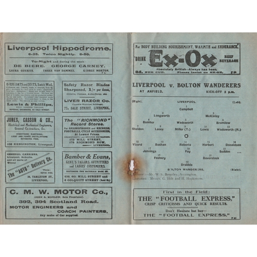 124 - Programme Liverpool v Bolton Wanderers February 4th 1920. Lacks staples. No writing. Fair to general... 