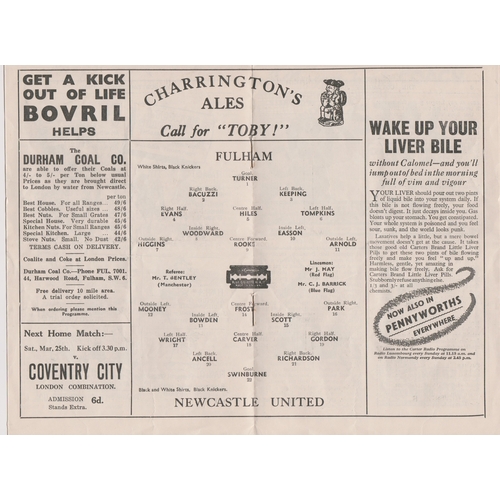 126 - Programme Fulham v Newcastle United 18th March 1939. No writing. Good.