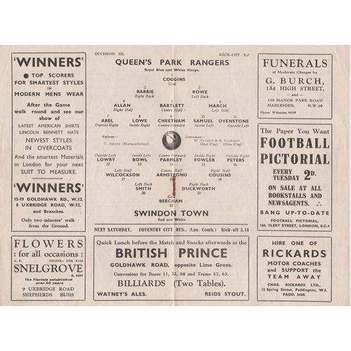 127 - Programme Queen's Park Rangers v Swindon Town 25th January 1936. Light staple rust. No writing. Gene... 