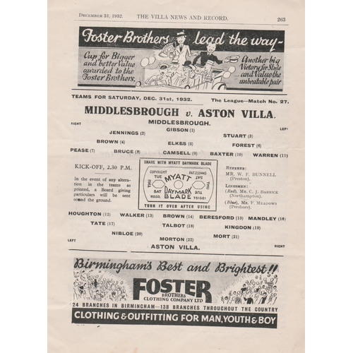 128 - Programme Aston Villa v Middlesbrough 31st December 1932. No writing. Generally good.