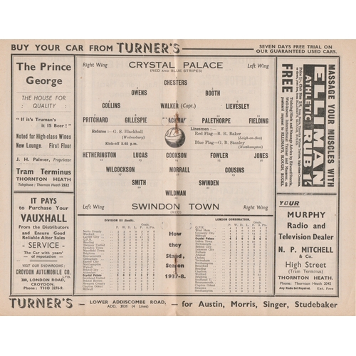 129 - Programme Crystal Palace v Swindon Town 8th September 1937. Very light vertical fold. No writing. Ge... 