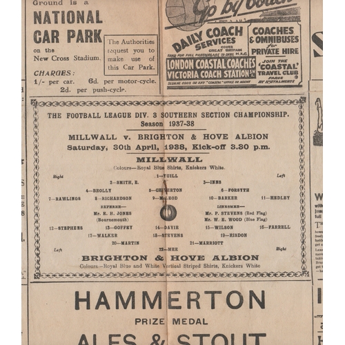 130 - Programme Millwall v Brighton & Hove Albion 30th April 1938. No writing. Generally good.