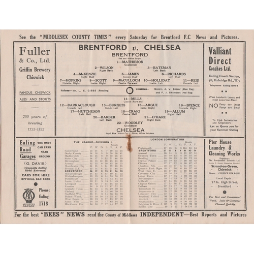 131 - Programme Brentford v Chelsea 28th March 1936. Lacks staples. No writing. Generally good.