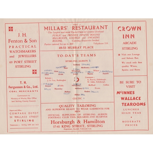 135 - Programme Stirling Albion v Celtic 12th November 1949. Small piece missing at the top of the spine w... 