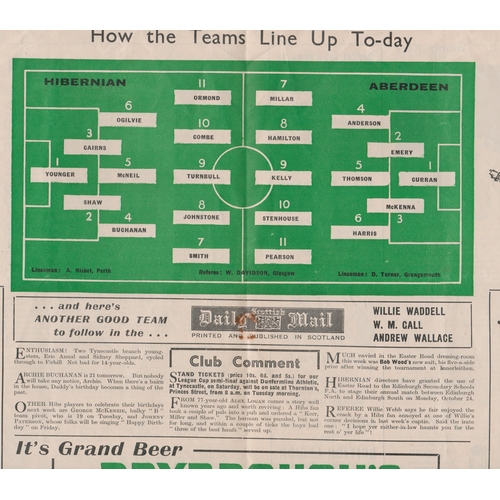 140 - Programme Hibernian v Aberdeen 1st October 1949. Lacks staples. No writing