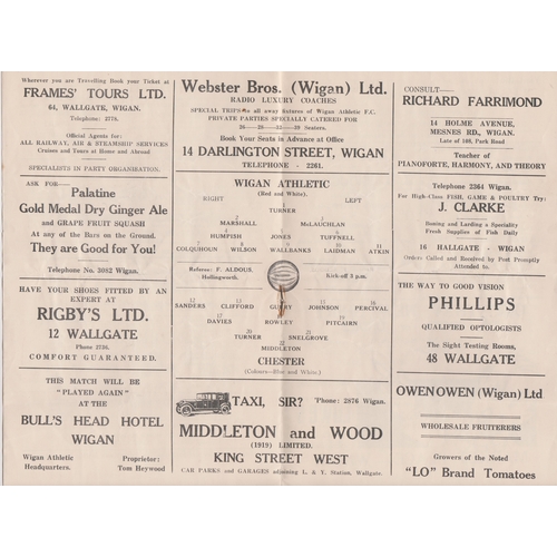 148 - Programme Wigan Athletic v Chester 17th October 1936. Cheshire League. Light horizontal fold. No wri... 