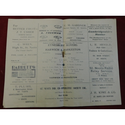 287 - Eynesbury Rovers v Harwich & Parkeston Eastern Counties League 8th November 1952 Programme. Light st... 