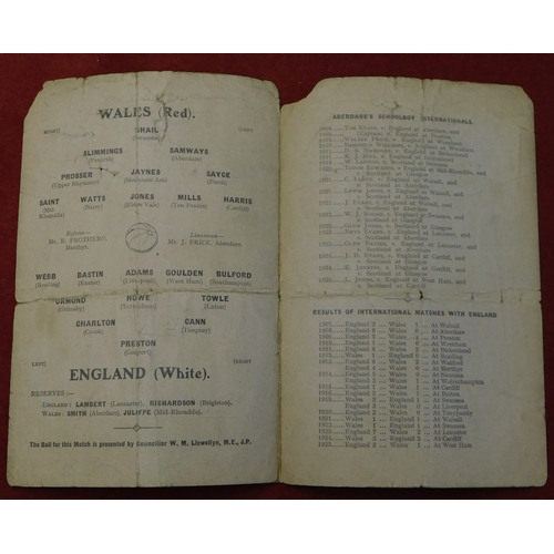 298 - Aberdare - Wales v England Schools 17th April 1926 at Aberdare (then a League Club). Somewhat worn. ... 