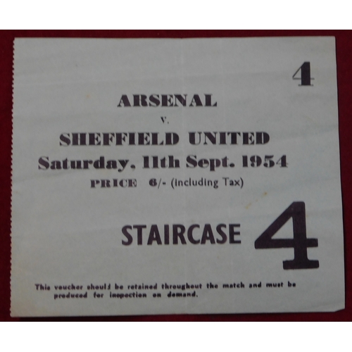 254 - Ticket Arsenal v Sheffield United 11th September 1954. Light creasing. Generally good 