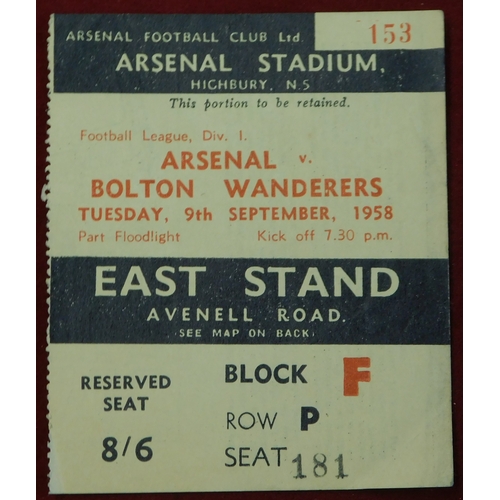 257 - Ticket Arsenal v Bolton Wanderers 9th September 1958. Generally good 