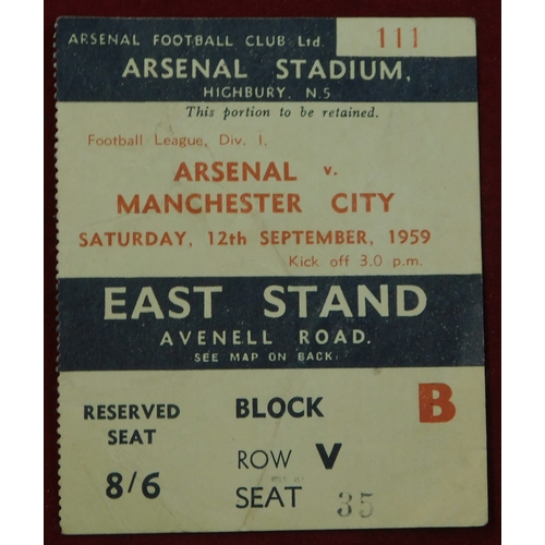 258 - Ticket Arsenal v Manchester City 12th September 1959. Light creasing. Generally good 