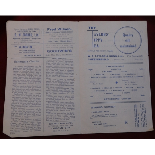 260 - Programme Chesterfield v Rotherham United War League North 2nd September 1944. 4 Page. No writing. G... 