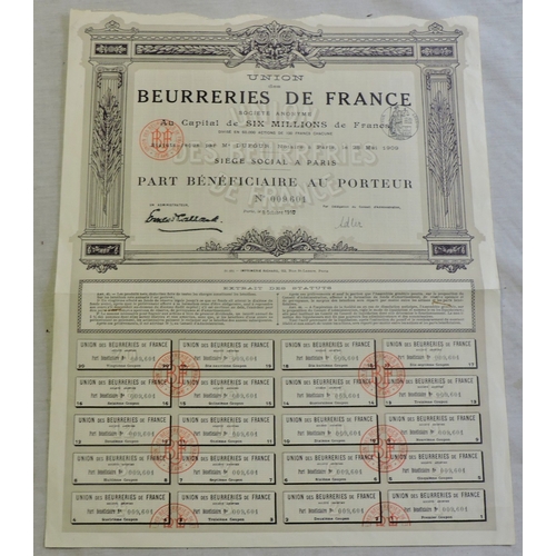 112 - Union des Beurreries De France 1906 Bond with Coupons (issued 1910