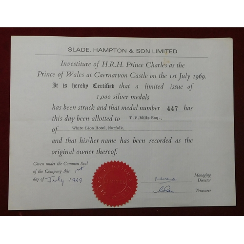 36 - Certificate - Investiture of H.R.H Prince Charles 1969, silver medal Awarded to T.P. Mills Esq, (No ... 