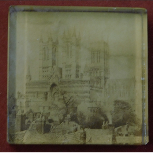 586 - Paper Weight - A Victorian black and white photograph of Lincoln Cathedral, set in glass, good condi... 