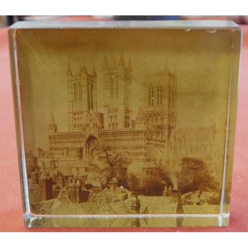 586 - Paper Weight - A Victorian black and white photograph of Lincoln Cathedral, set in glass, good condi... 