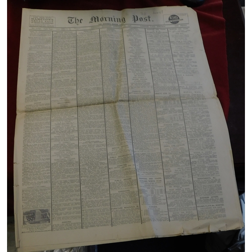 92 - The Morning Post Newspaper (2) copies 1936-1937, discoloured frayed edges,