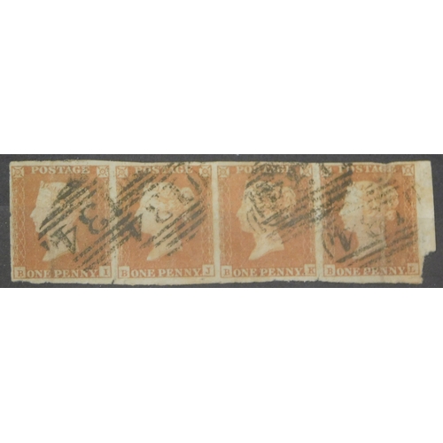 223 - Great Britain 1841 Queen Victoria SG 8 used 1d red-brown strip of 4 cancelled with 134 Bristol town ... 