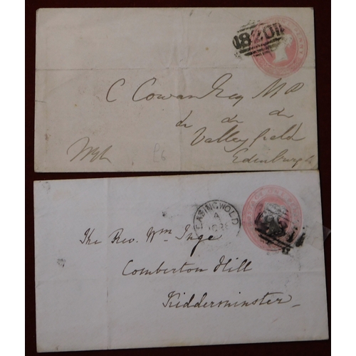 229 - Great Britain 1853-60 pre-paid Michel U5B 1d pink postage envelopes (2), one posted to Edinburgh can... 