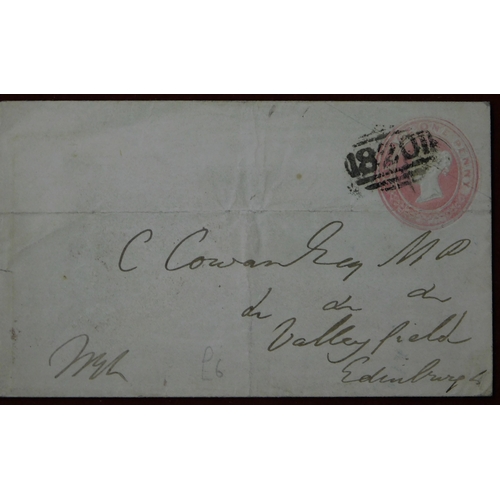 229 - Great Britain 1853-60 pre-paid Michel U5B 1d pink postage envelopes (2), one posted to Edinburgh can... 