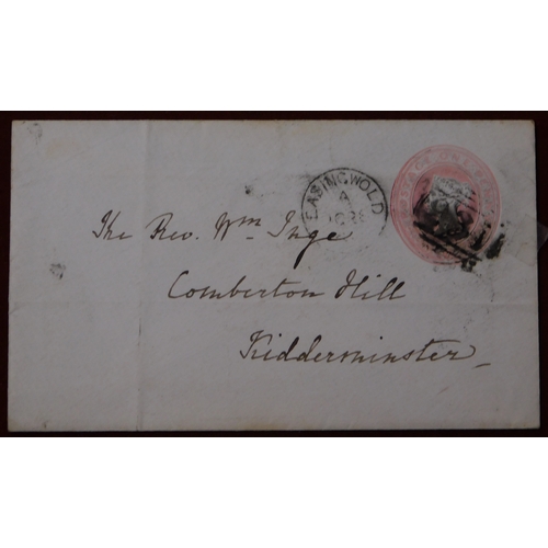 229 - Great Britain 1853-60 pre-paid Michel U5B 1d pink postage envelopes (2), one posted to Edinburgh can... 