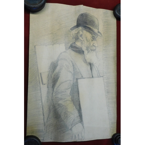 620 - Pencil/Charcoal Drawings (1) Old Man in Bowler Hat-measures 43cm x 28cm-very good condition and a Po... 