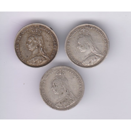 101 - Great Britain 1887, 1889 and 1891 Jubilee Head Silver Threepence, fine to GVF (3)