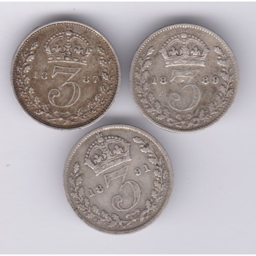 101 - Great Britain 1887, 1889 and 1891 Jubilee Head Silver Threepence, fine to GVF (3)