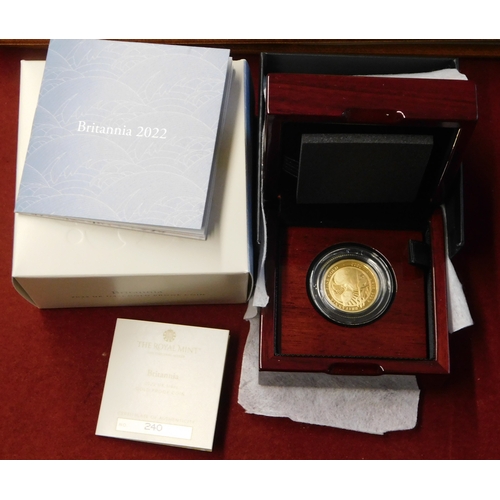 12 - Gold 2022 United Kingdom Britannia Quarter ounce Proof coin, Royal Mint box and certificate