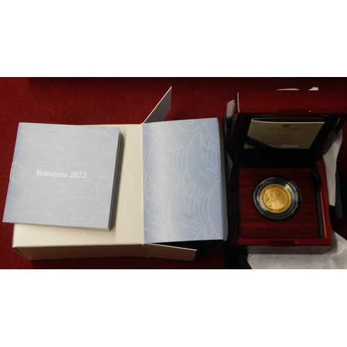 13 - Gold 2022 United Kingdom Britannia Quarter ounce Proof coin, Royal Mint box and certificate