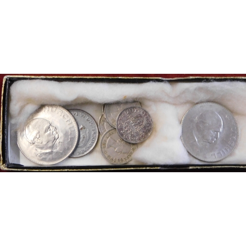 140 - Foreign and British coinage in various tobacco tins and loose in a good quality wooden box