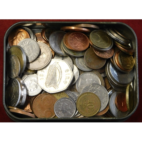 140 - Foreign and British coinage in various tobacco tins and loose in a good quality wooden box