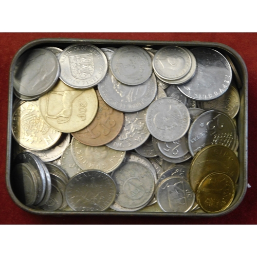 140 - Foreign and British coinage in various tobacco tins and loose in a good quality wooden box