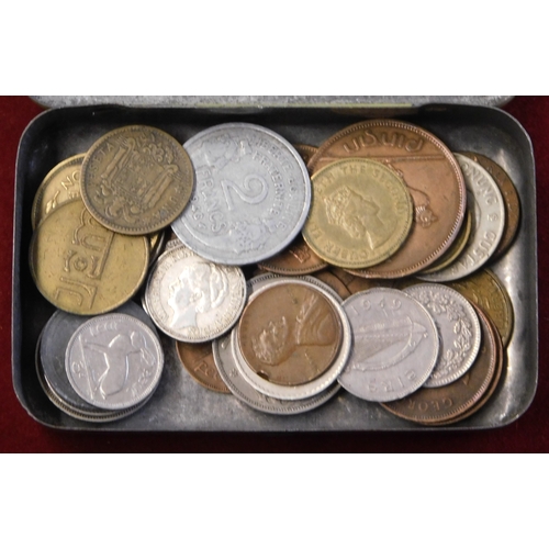 140 - Foreign and British coinage in various tobacco tins and loose in a good quality wooden box