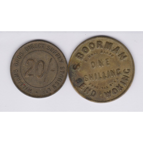 152 - Tokens (Brass) 1/- S. Bookman, Send, Woking and Williams Bros/Stores, both VF